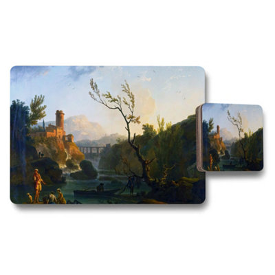 B&Q -  Landscape River Scene Placemats And Coaster Set With Vintage Artwork