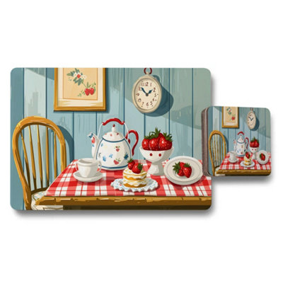 B&Q -  Vintage Kitchen Placemats And Coaster Set With Strawberry Dessert Design