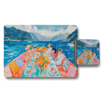 B&Q -  Vibrant Ocean Dining Placemats And Coasters Set With Floral Centerpiece