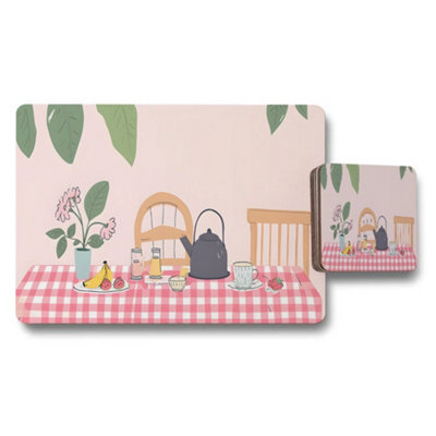 B&Q -  Placemat And Coaster Set With Pink Checkered Tablecloth Dining Scene