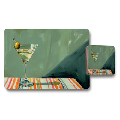 Benjamin Tate Design Cocktail Glass Art Placemats And Coaster Set With Striped Tablecloth from B&Q
