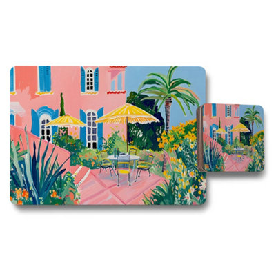 B&Q -  Vibrant Garden Cafe Placemats And Coaster Set With Yellow Umbrellas