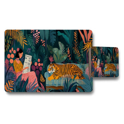 Benjamin Tate Design Jungle Tiger And Woman Reading Placemat And Coaster Set from B&Q