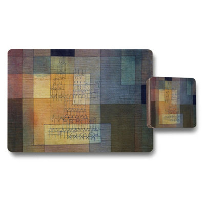B&Q -  Abstract Cityscape Placemats And Coaster Set Multicolor Modern Art