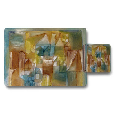 B&Q -  Abstract Cityscape Placemats And Coaster Set With Geometric Art