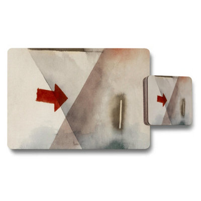 B&Q -  Geometric Watercolor Placemat And Coaster Set With Red Arrow Accent