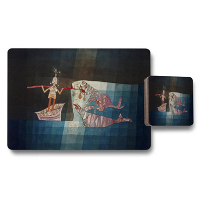 B&Q -  Geometric Sea Life Placemat And Coaster Set With Ship Illustration