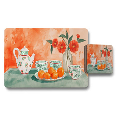 B&Q -  Watercolor Floral Teapot And Orange Fruit Placemat And Coaster Set