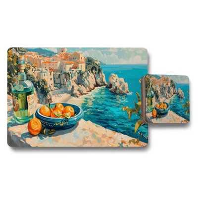 B&Q -  Mediterranean Coastal Placemat And Coaster Set With Citrus Motif