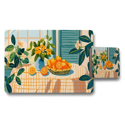 B&Q -  Placemat Coaster Set Floral Citrus Table Decor With Fruit Basket