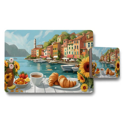 B&Q -  Mediterranean Harbor Village Placemats Coasters Set With Croissants And Coffee