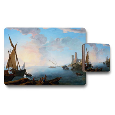 B&Q -  Seascape Placemats And Coaster Set With Harbor Boats Artwork