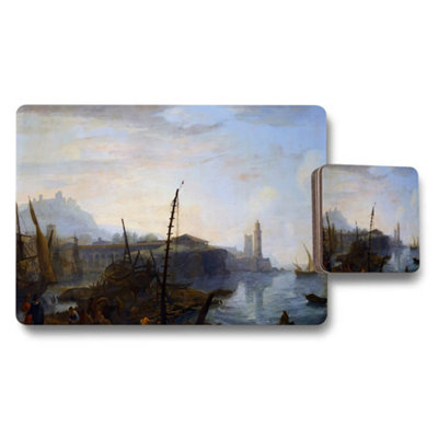 B&Q -  Harbor Seascape Placemat And Coaster Set With Waterfront Painting