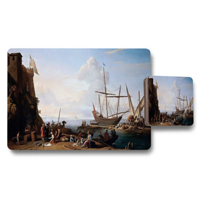 B&Q -  Harbor Scene Placemat Coaster Set With Nautical Maritime Artwork