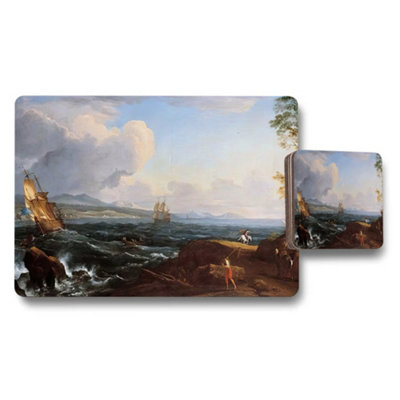 B&Q -  Seascape Nautical Placemats And Coaster Set With Ships