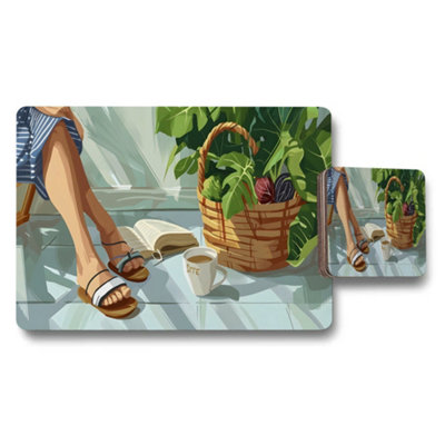 Benjamin Tate Design Relaxing Botanical Placemat And Coaster Set With Green Leaves from B&Q