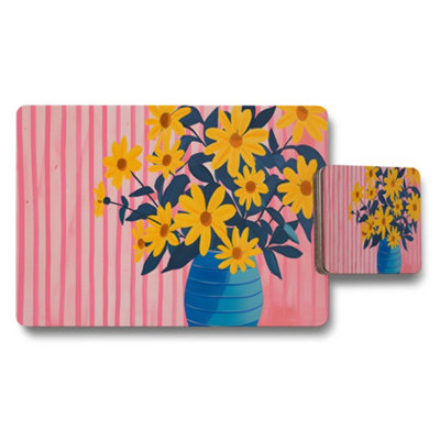 B&Q -  Floral Yellow Daisy Vase Placemat And Coaster Set Pink Striped Background