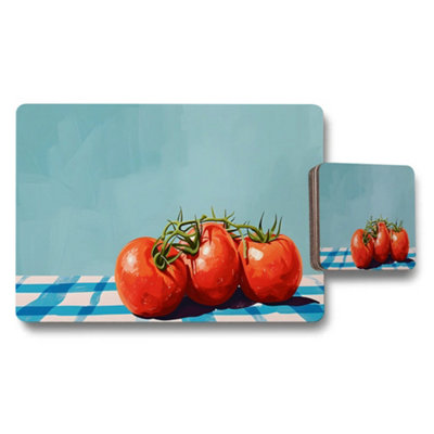 B&Q -  Tomato Themed Placemat And Coaster Set With Blue Checkered Pattern