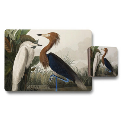 B&Q -  Egret And Heron Placemats And Coaster Set Rustic Nature Decor