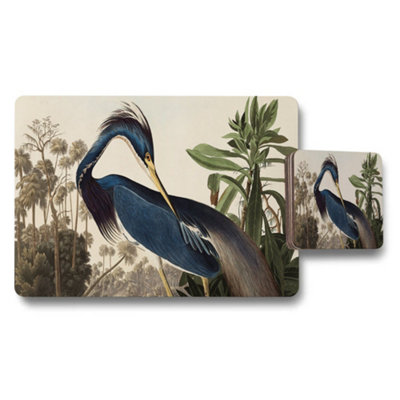 B&Q -  Blue Heron Placemat And Coaster Set With Tropical Leaves Artwork
