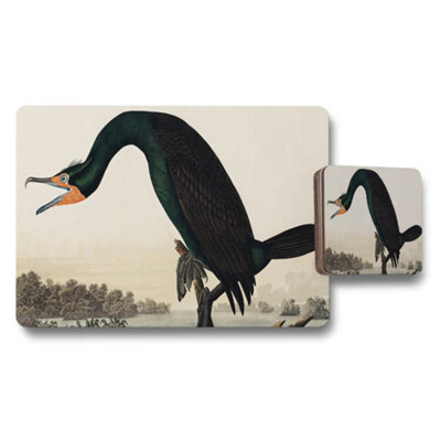 B&Q -  Vintage Crane Placemats And Coasters Set With Green Necked Bird