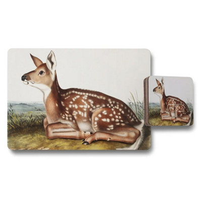 B&Q -  Fawn Deer Placemat And Coaster Set With Rustic Meadow Scene