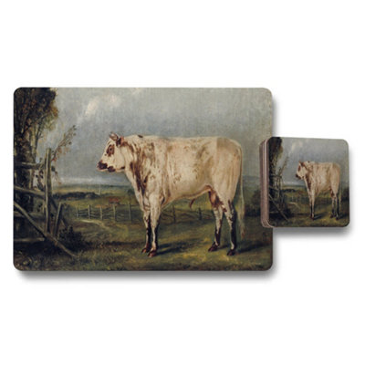 B&Q -  Cow In Pasture Vintage Art Placemats And Coasters Set