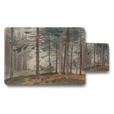 B&Q -  Forest Scene Placemats And Coaster Set With Horse Carriage Artwork