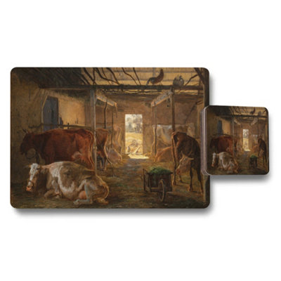 B&Q -  Farmhouse Cow Painting Placemats And Coasters Set Barn Scene