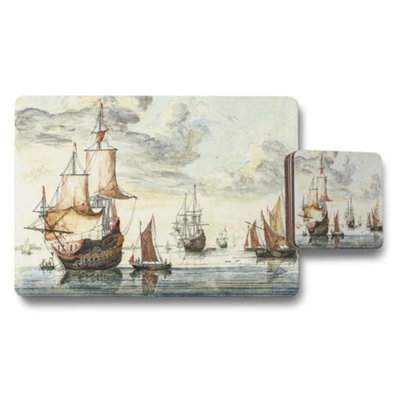 B&Q -  Vintage Sailing Ship Placemats And Coaster Set With Seascape Art