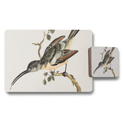 B&Q -  Bird On Branch Placemats And Coasters Set Vintage Illustration
