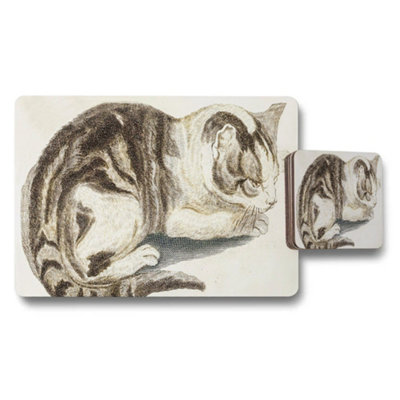 B&Q -  Vintage Cat Illustration Placemat And Coaster Set For Dining Table