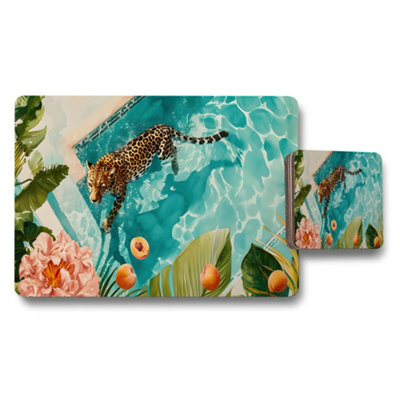 Benjamin Tate Design Tropical Leopard Pool Scene Placemat And Coaster Set from B&Q