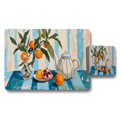 Benjamin Tate Design Placemat And Coaster Set With Orange Still Life Artwork from B&Q