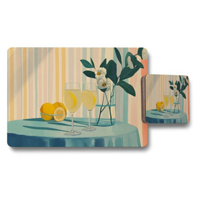 B&Q -  Lemon Citrus Placemats And Coasters Set With Glasses Artwork
