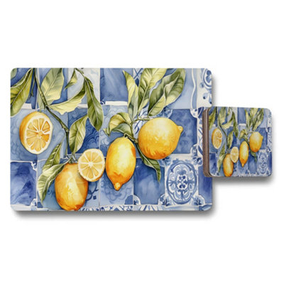 Benjamin Tate Design Lemon Themed Placemats And Coaster Set Blue Tile Pattern from B&Q