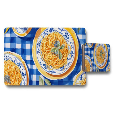 B&Q -  Pasta Plate Pattern Placemat And Coaster Set In Blue Checkered Design