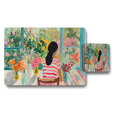 B&Q -  Floral Garden Placemat And Coaster Set With Vibrant Artwork