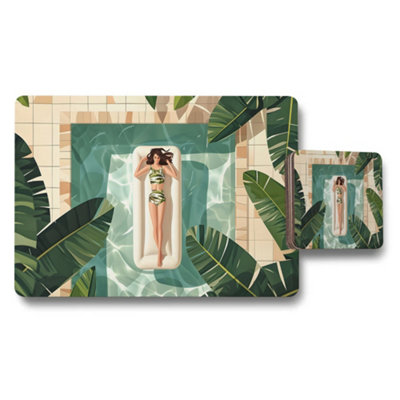 B&Q -  Tropical Poolside Placemat And Coaster Set With Banana Leaf Pattern