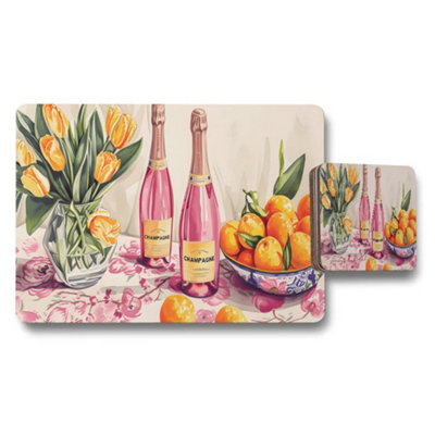 B&Q -  Champagne Bottle And Fruit Floral Placemat Coaster Set
