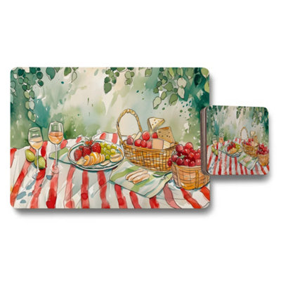 B&Q -  Watercolor Picnic Placemat And Coaster Set With Fruit Basket