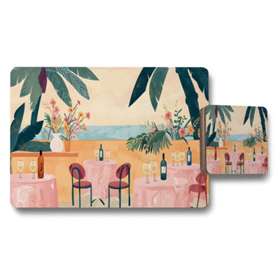 B&Q -  Seaside Cafe Floral Placemat And Coaster Set With Wine Bottles