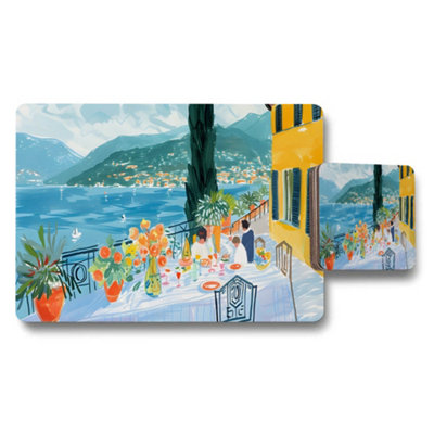 Benjamin Tate Design Seaside Terrace Placemat And Coaster Set With Floral Dining Scene from B&Q