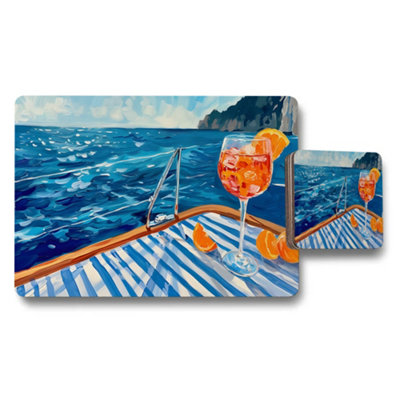 B&Q -  Ocean View Placemat And Coaster Set With Cocktail Glass On Deck