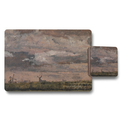 B&Q -  Vintage Windmill Landscape Placemats And Coasters Set Artwork