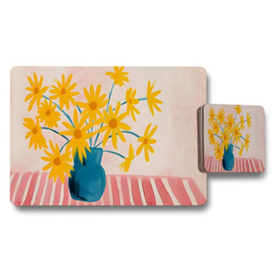 B&Q -  Yellow Daisy Floral Placemat And Coaster Set In Blue Vase