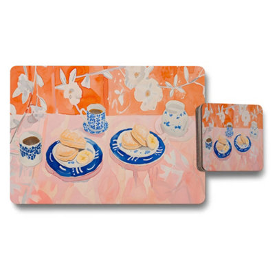 Benjamin Tate Design Placemat And Coaster Set Blue And White Teacup Plates Floral Design from B&Q