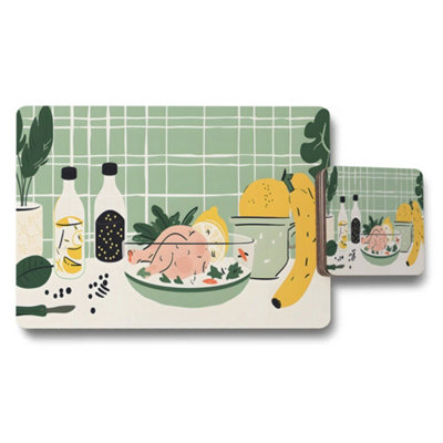 B&Q -  Green Kitchen Placemat And Coaster Set With Fruit Illustration