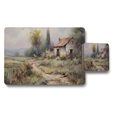 B&Q -  Country Cottage Landscape Placemats And Coaster Set With Rustic Painting