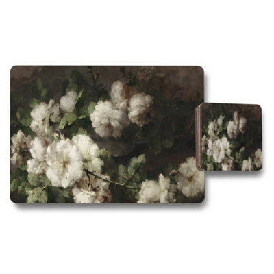 B&Q -  White Floral Placemats And Coaster Set With Dark Background